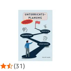 Ein Mann zeigt auf eine Grafik, die den Weg zur erfolgreichen Unterrichtsplanung mit den Stationen "kompetent", "innovativ" und "strukturiert" darstellt. Ideal für den Berufseinstieg.