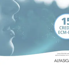 Primo piano di un volto con espirazione di particelle luminose. Cerchio con "15 CREDITI ECM-FAD".