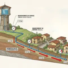 Schéma illustrant quelle pression d'eau pour une maison, de la tour d'eau aux habitations. La pression augmente dans les canalisations souterraines.