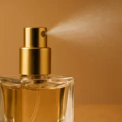 Złoty atomizer rozpyla mgiełkę perfum. Czy perfumy na lotnisku są oryginalne?