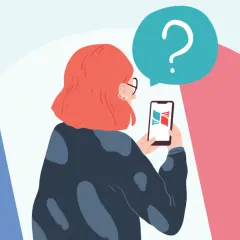 Kobieta z rudymi włosami trzyma smartfon z ikoną książki. Nad nią chmurka z pytajnikiem. Qu'est-ce que to znaczy?