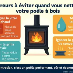Infographie sur l'entretien d'un poêle à bois, montrant une cheminée et 4 erreurs à éviter, dont la sortie fumée poele a bois.