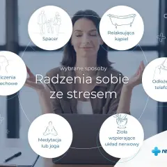 Kobieta medytuje, pokazując sposoby radzenia sobie ze stresem: ćwiczenia oddechowe, spacer, relaksująca kąpiel, odłożenie telefonu, medytacja/joga, zioła.
