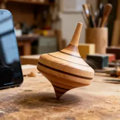 Une toupie en bois, chef-d'œuvre d'ébénisterie, tourne sur un établi. À côté, un smartphone, symbole de la technologie moderne.