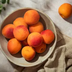 Un bol rempli d'abricots juteux, annonçant la belle **période abricot**. Un fruit isolé repose à côté, sur un tissu beige.