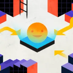Abstract isometric blocks form a maze. Yellow arrows show a path, some leading down, suggesting a voluntary demotion for a smiling figure.