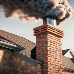 Grosse fumée de cheminée qui retombe, s'échappant d'une cheminée en briques sur un toit.