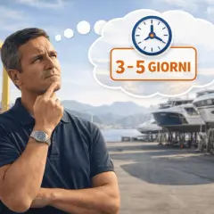 Uomo pensieroso in cantiere navale, con una nuvoletta che indica "3-5 giorni" e un orologio, suggerendo tempi per una perizia nautica.