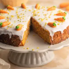 Ein saftiger karottenkuchen mit cremigem frosting, dekoriert mit kleinen Marzipan-Karotten und gehackten Pistazien.