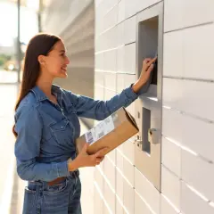 Kobieta z paczką w ręku korzysta z automatu DPD Pickup. Sprawdza wymiary paczki przed nadaniem.