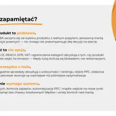 Kluczowe punkty dla sukcesu na Amazon: dobry produkt, zgodność (nie deklaracja właściwości użytkowych to nie opcja), udany launch i skalowanie.