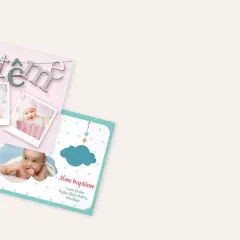 Cartes d'invitation pour un baptême avec des photos de bébé et le mot "baptême" en lettres décoratives.