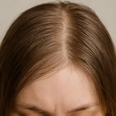 Primer plano de una frente y cuero cabelludo con pelo graso y fino, mostrando la raya central y algunos mechones pegados.