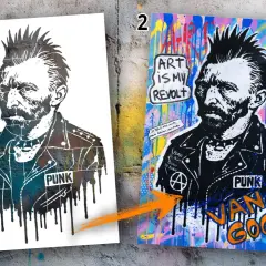 Zwei Bilder von Van Gogh im Punk-Stil, eines schwarz-weiß, das andere bunt und mit Graffiti.