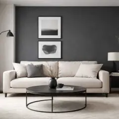 Salon gris avec canapé clair. Les rideaux blancs apportent de la douceur. Quel couleur de rideau pour un salon gris ? Le blanc est une option lumineuse.