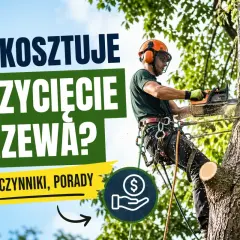 Drwal w kasku i uprzęży tnie drzewo piłą. Napis: "Ile kosztuje przycięcie drzewa? Ceny, czynniki, porady".