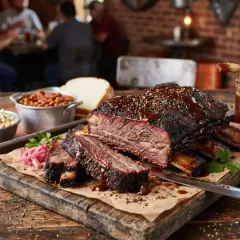 Préparation de ribs savoureuses, nappées de sauce barbecue, accompagnées de haricots, salade et pain. Un festin pour les amateurs de viande.