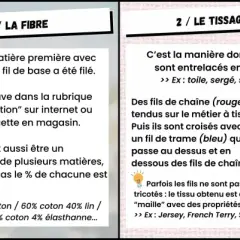 Explication des composants d'un tissu : fibre, trame tissage et densité. Le tissage décrit comment les fils s'entrelacent.