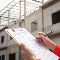 Ręce trzymają dokument "House Quality Inspection" na tle budowy. Trwa roczny przegląd budynku, a inspektor notuje uwagi.