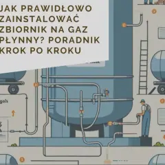 Ilustracja przedstawia schemat budowy instalacji gazowej, z naciskiem na prawidłowy montaż zbiornika na gaz płynny.