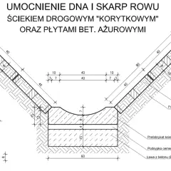 Schemat pokazuje, jak układać płyty ażurowe na skarpie, tworząc umocnienie rowu. Wymiary płyt to 60x40x8 cm.