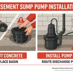 Illustration shows steps for sump pump installation: cutting concrete, placing the basin, installing the pump, and routing the discharge pipe.