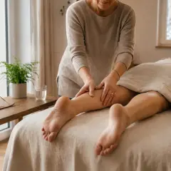 Massage drainant des jambes, stimulant les glandes lymphatiques. Ambiance zen avec une plante et une améthyste.