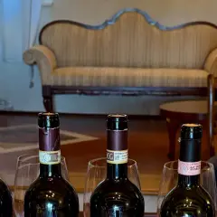 Sei bottiglie di vino, tra cui un **migliore Brunello di Montalcino**, pronte per una degustazione in un salotto elegante.