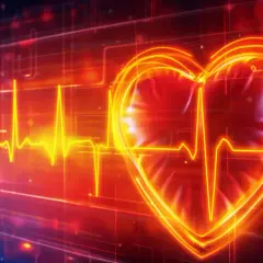 Serce z linią EKG, symbolizujące spokój i to, co obniża tętno. Czerwono-niebieskie tło z cyfrowymi elementami.