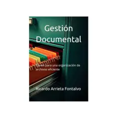 Estante de archivador con carpetas de colores. El título "Gestión Documental" y "Claves para una organización de archivos eficiente" explican que son los metadatos de un archivo.