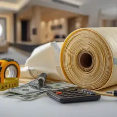 Rolka materiału izolacyjnego, miarka, kalkulator i banknoty. Obliczenia ile kosztuje termoizolacja budynku.
