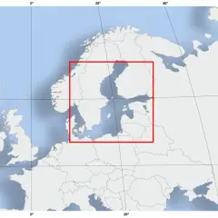 Mapa Europy Północnej z zaznaczonym na czerwono obszarem Morza Bałtyckiego i otaczającymi krajami.