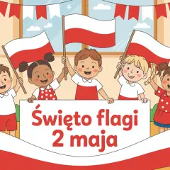 Dzieci świętują Dzień Flagi, trzymając polskie flagi i balony. Radosna atmosfera towarzyszy temu ważnemu dniu.