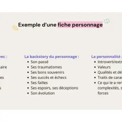 Exemple de fiche personnage détaillant les relations, la backstory et la personnalité d'un modèle de personnage.