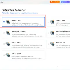 Festplatten-Konverter: MBR zu GPT. EaseUS Partition Master hilft, um diskpart gpt erstellen zu können.