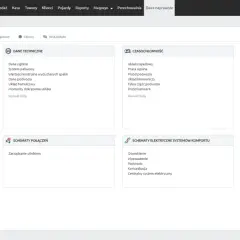 Panel z danymi technicznymi aut, zawierający moduły: Wyszukiwanie graficzne, Dane diagnostyczne, Dane techniczne, Czasochłonność, Instrukcje naprawcze, Schematy połączeń, Schematy elektryczne systemów komfortu, Podręczniki SOS.