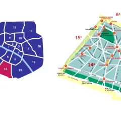 Mapa Paryża z zaznaczonymi dzielnicami. 14 dzielnica Paryża wyróżniona kolorem.