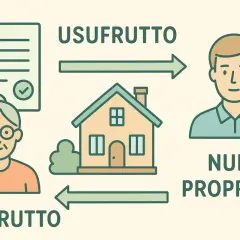 Schema illustra passaggio di proprietà immobile tra familiari: usufrutto a nonna, nuda proprietà a nipote.