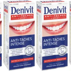 Cztery opakowania pasty do zębów Denivit Anti-Stain Expert z białym uśmiechem.