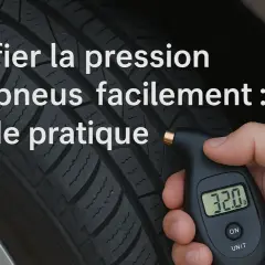Main d'une personne utilisant un appareil pour vérifier le tableau pression pneu voiture. Le pneu est visible en arrière-plan.