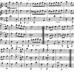 Partition de menuet pour violon, hautbois et basse. Un exemple d'hémiole rythmique est visible dans la partie de basse.