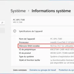 Informations système affichant la mémoire RAM installée : 16 Go. Vérification après avoir tenté d'installer RAM.