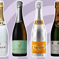 Cztery butelki szampana: Lanson, Billecart-Salmon Demi-Sec, Veuve Clicquot Rich i Heidsieck & Co Monopole. Idealne na okazję, gdy szukasz dobre wino musujące słodkie.