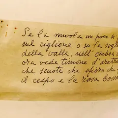 Scrittura a mano su carta ingiallita: "Se la nuvola un poco si posa sul ciglione o su la soglia della valle, nell'ombra viva ora vede timone d'aratro che scuote che sfiora che sfoglia il cespo e la rosa boschiva." Un piccolo lucio.