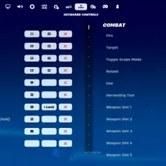 Paramètres clavier pour Fortnite : mouvement (WASD, Espace, Shift) et combat (clic gauche, clic droit, R, E, Tab, 1-5).
