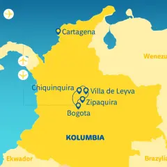 Mapa Kolumbii z zaznaczonymi miastami: Cartagena, Chiquinquira, Villa de Leyva, Zipaquira, Bogota. Widać też sąsiednie kraje: Ekwador, Wenezuela, Brazylia.
