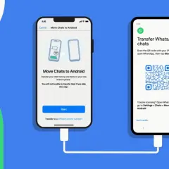Instrukcja jak przenieść WhatsApp na nowy telefon. Dwa telefony połączone kablem, jeden z opcją "Move Chats to Android", drugi z kodem QR.