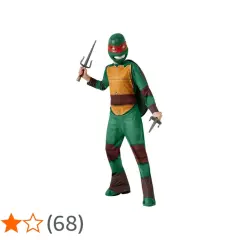 Dziecko w zielonym stroju Żółwia Ninja z maską i dwoma sai.