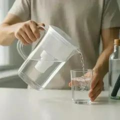 Une personne verse de l'eau filtrée d'une carafe dans un verre. Faut-il filtrer l'eau du robinet pour une eau plus pure ?