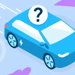 Une voiture électrique bleue avec un point d'interrogation sur le toit, et un indicateur de charge en mouvement. Est-ce une voiture électrique recharge en roulant ?